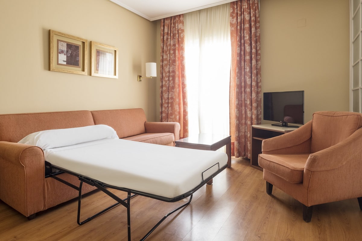 Hotelkamer met een bed, een slaapbank, een stoel, een bureau met televisie en een raam met gordijnen.