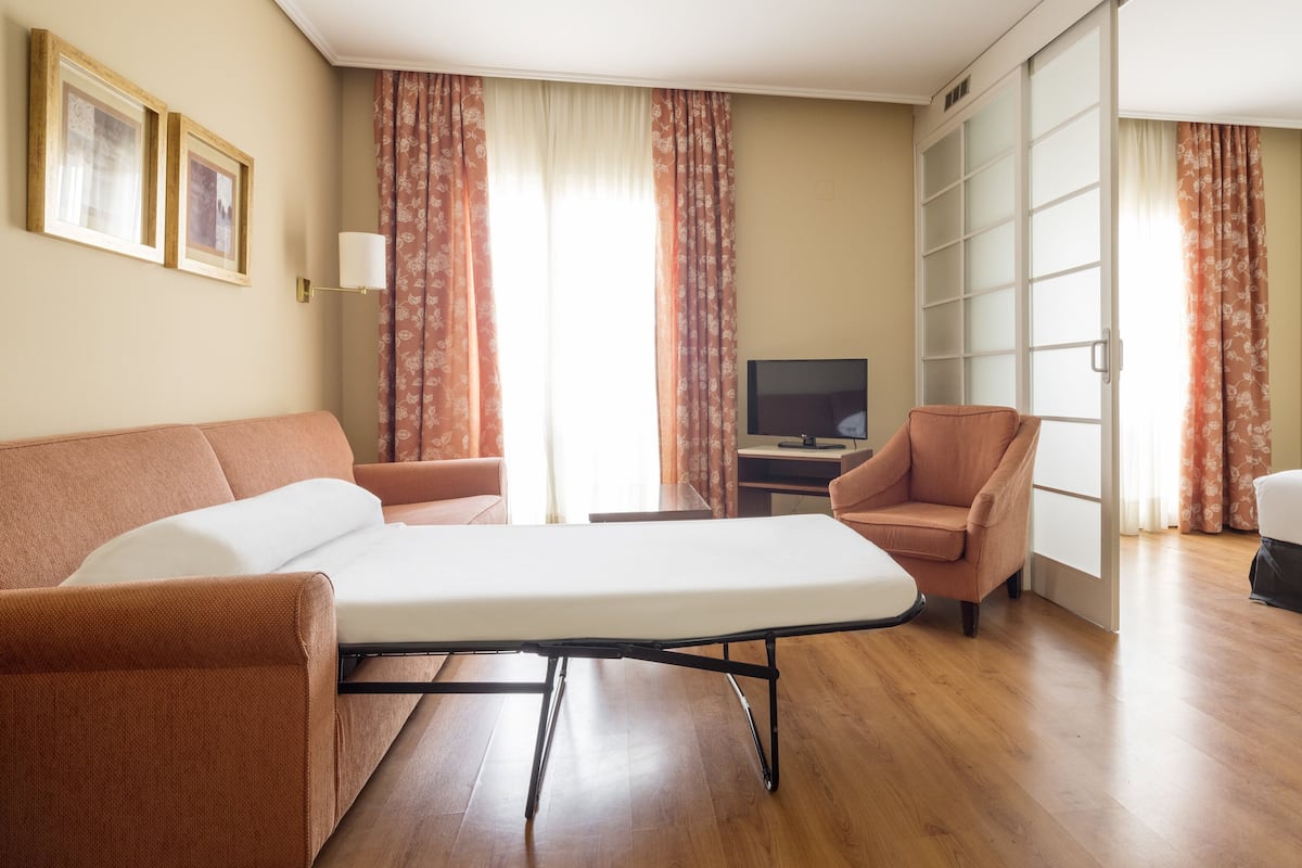 Een hotelkamer met een bank, een stoel, een bed, een televisie en een glazen schuifdeur.