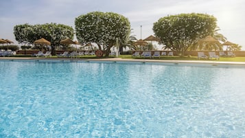 Outdoor pool, pool umbrellas, pool loungers