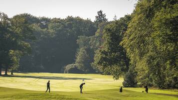 Ein Golfplatz mit Bäumen, einer Fahne und Spielern.