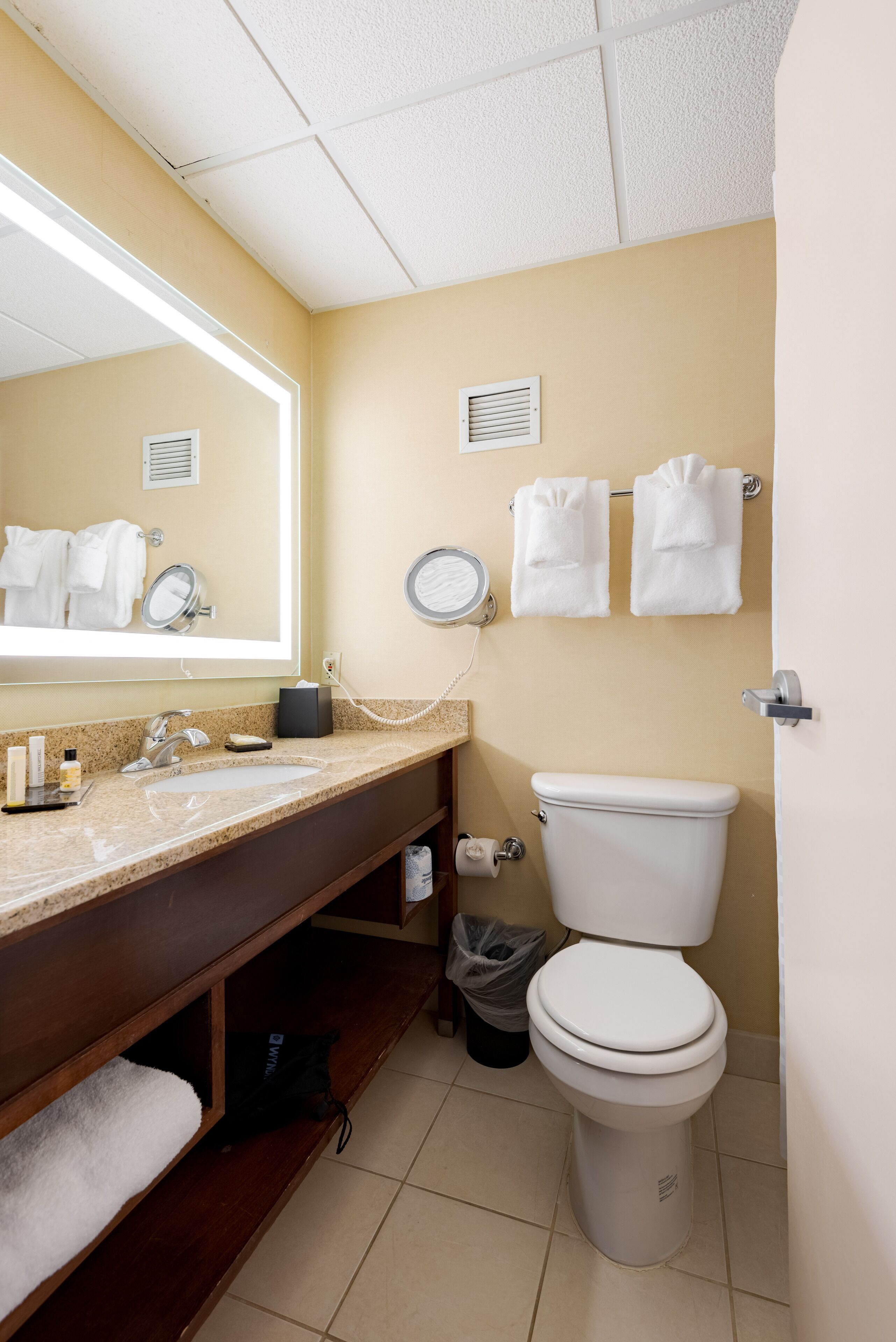A bathroom with a sink, mirror, towel rack, toilet, and trash bin.