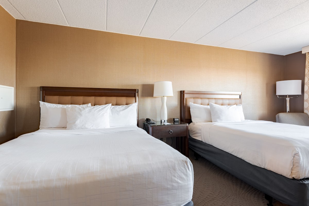 A hotel room with two beds, a nightstand, a lamp, and a telephone.