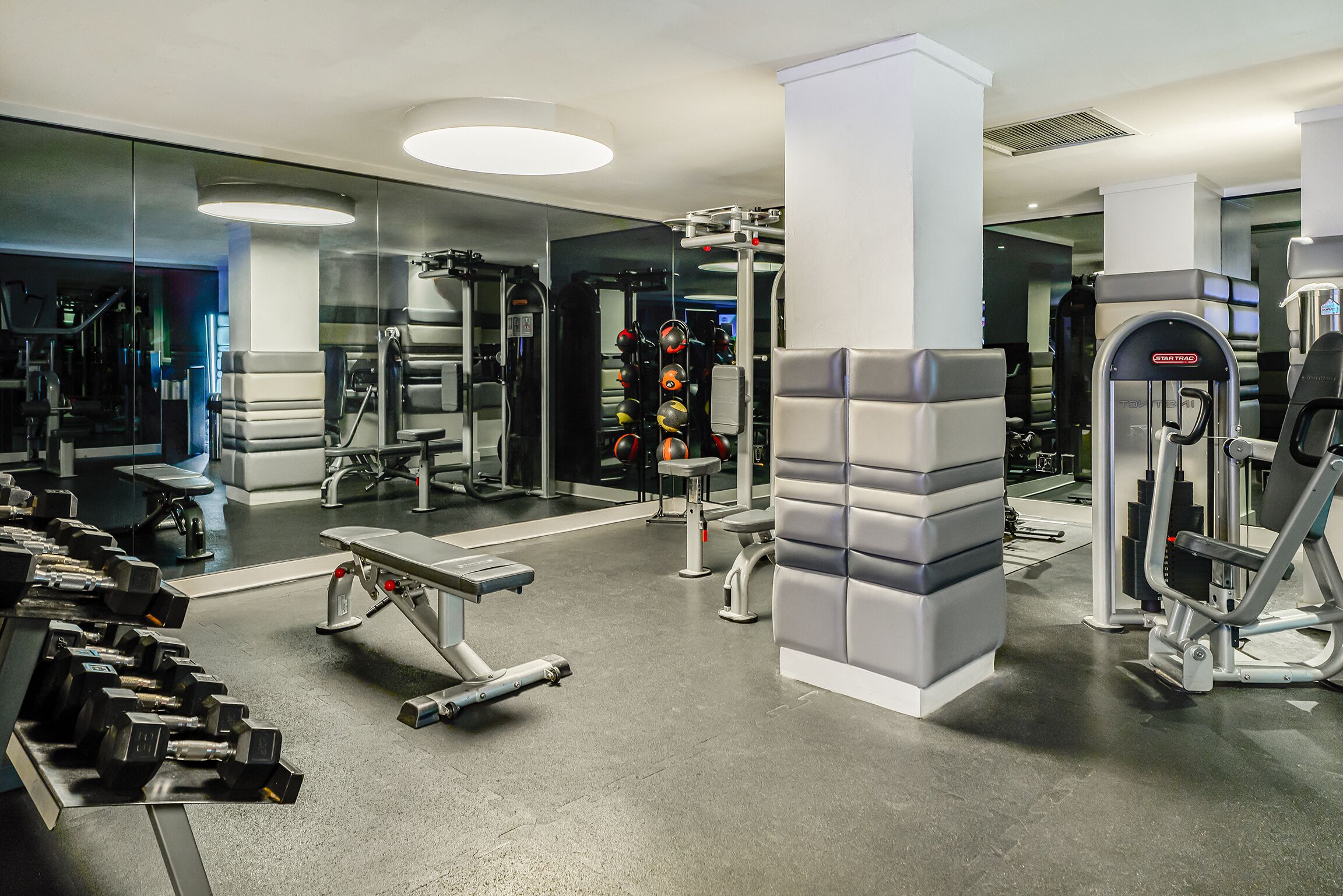 Un gimnasio moderno con diversos equipos de ejercicio, como mancuernas, bancos y máquinas de pesas.