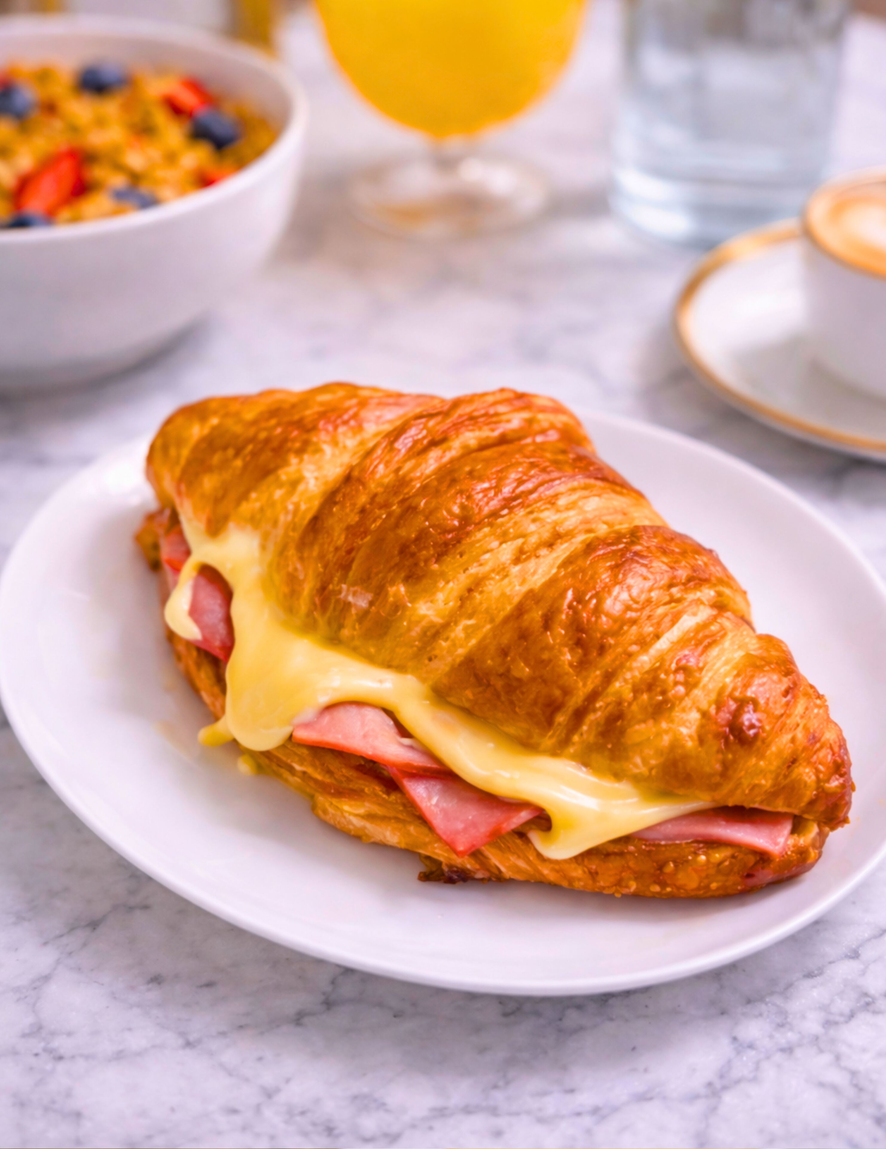 Un panino con croissant, prosciutto e formaggio su un piatto bianco.