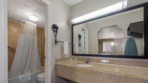 A bathroom with a sink, mirror, and hairdryer.