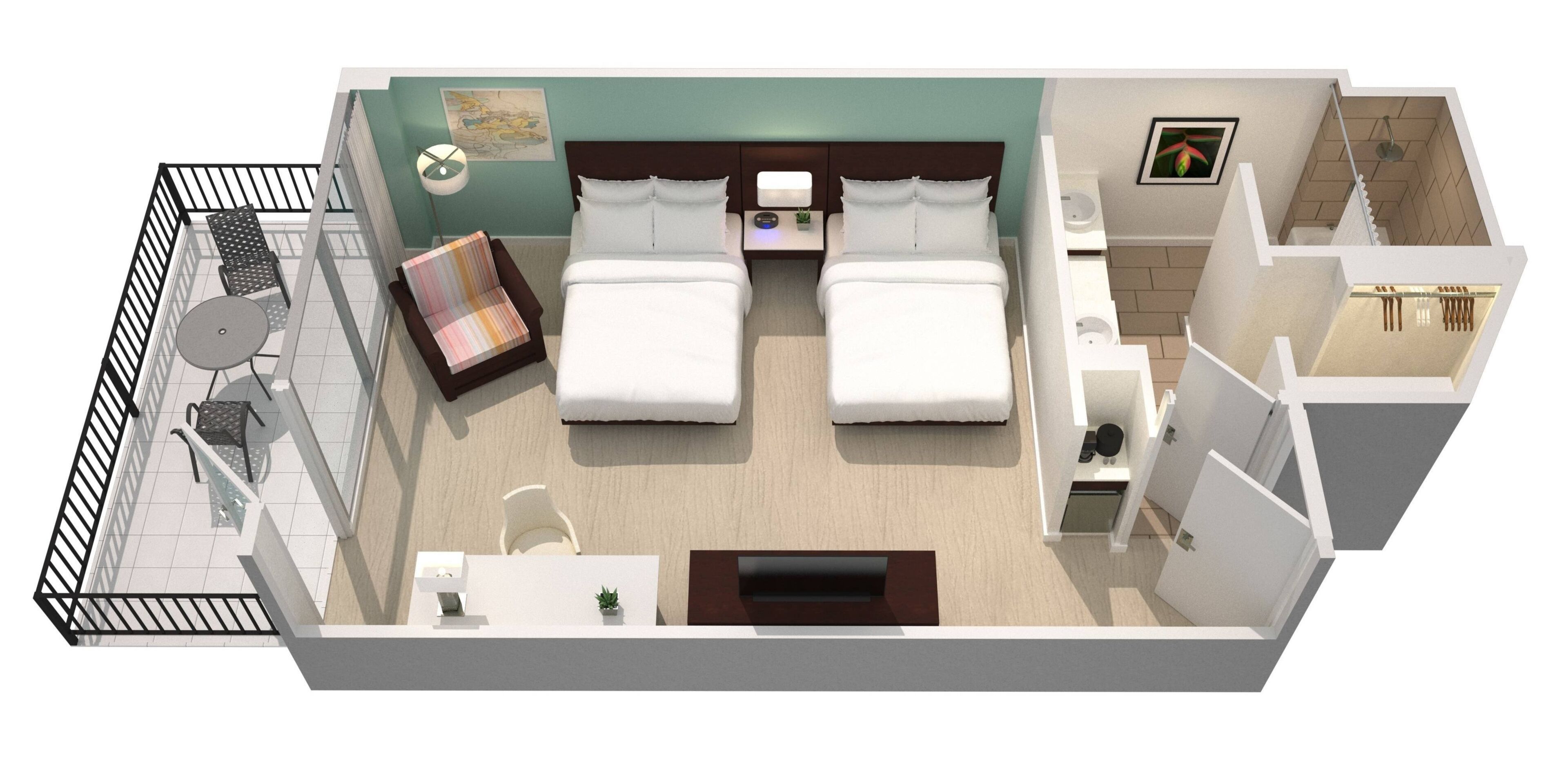 Quarto de hotel com duas camas, uma escrivaninha, uma cadeira, uma mesa pequena, um sofá, varanda com guarda-corpo e banheiro com chuveiro e vaso sanitário.