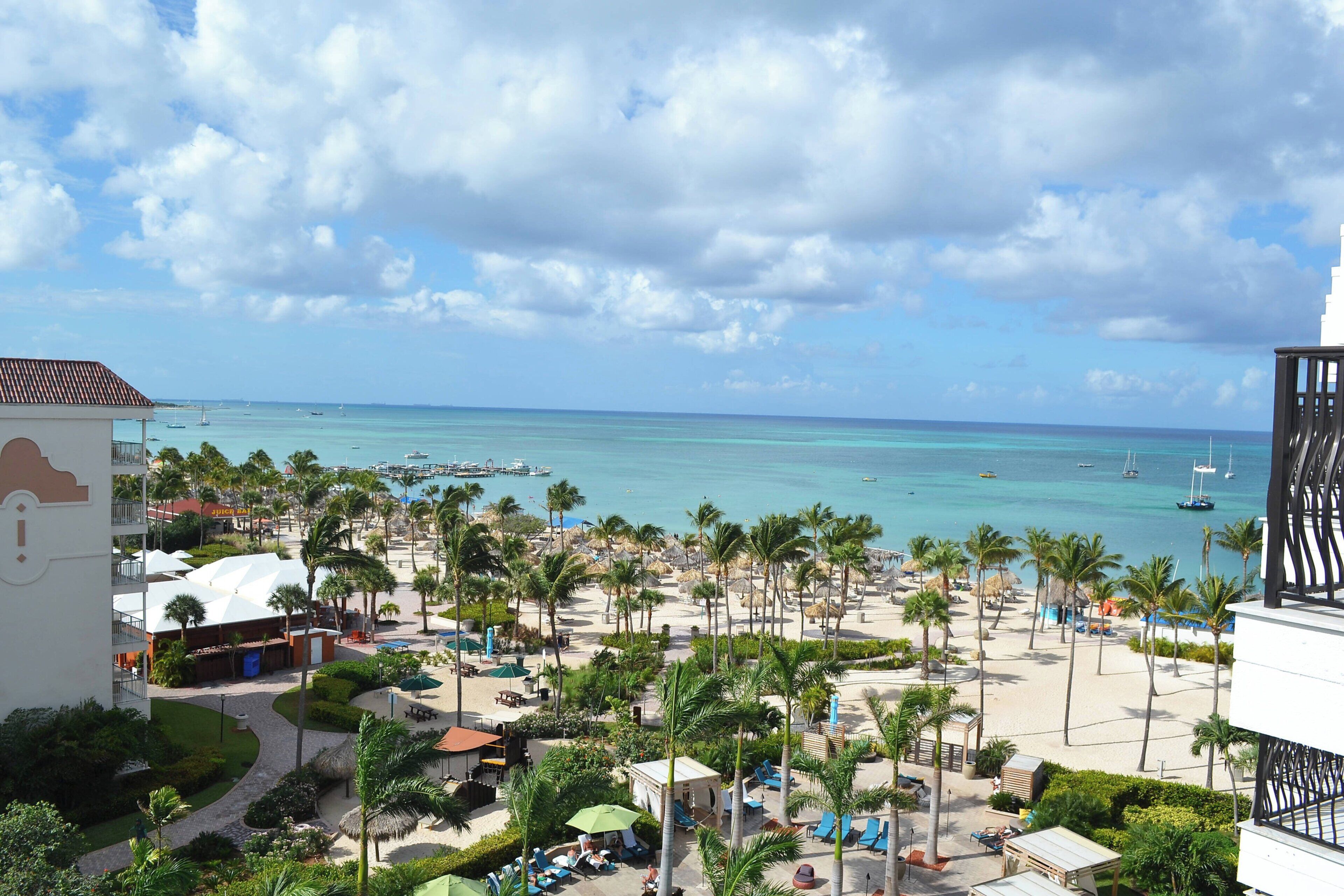 A resort with a pool area, palm trees, and a view of the ocean.
