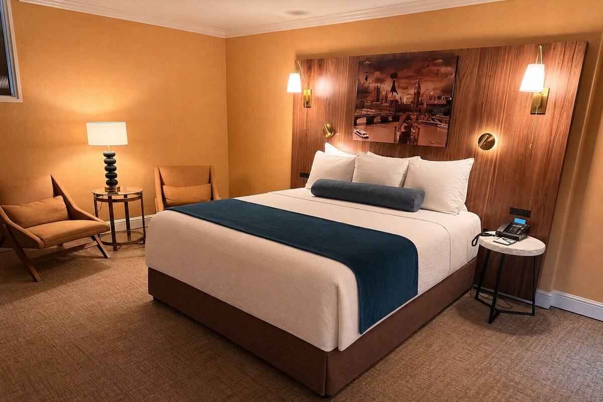 A hotel room with a large bed, a chair, a small table with a lamp, and a wall-mounted painting.
