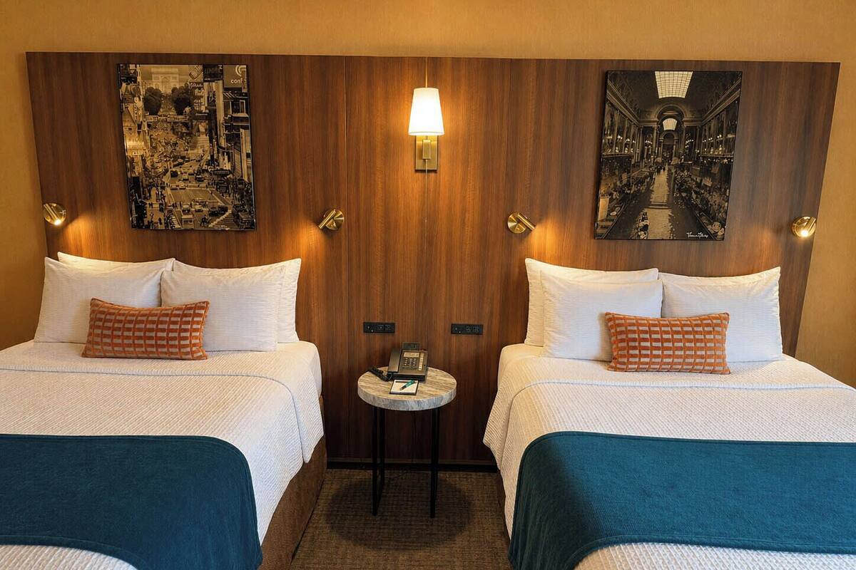 A hotel room with two beds, a small round table, a phone, and wall-mounted lamps.
