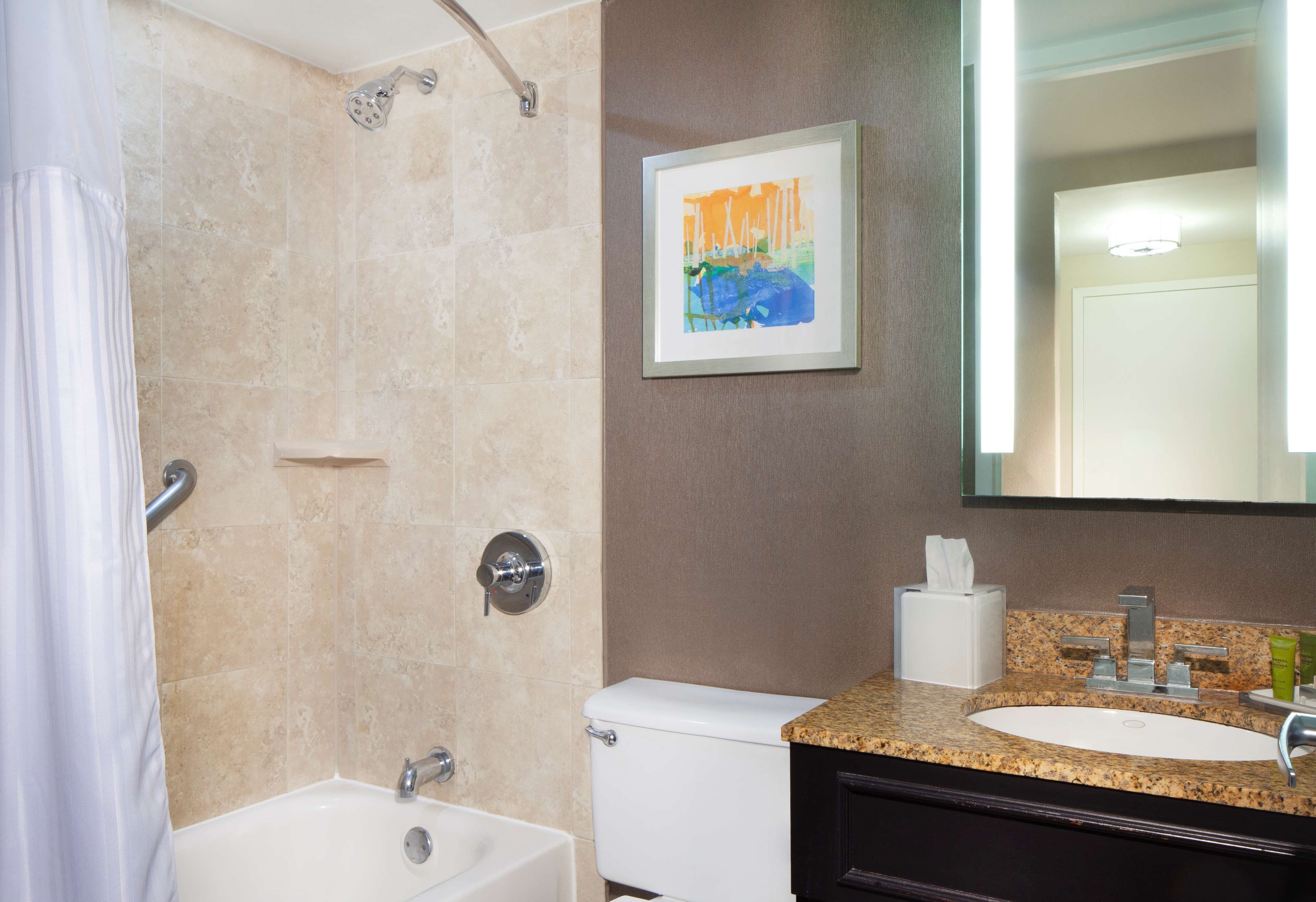 Une salle de bain équipée d’une baignoire, de toilettes, d’un lavabo et d’une œuvre d’art encadrée au mur.
