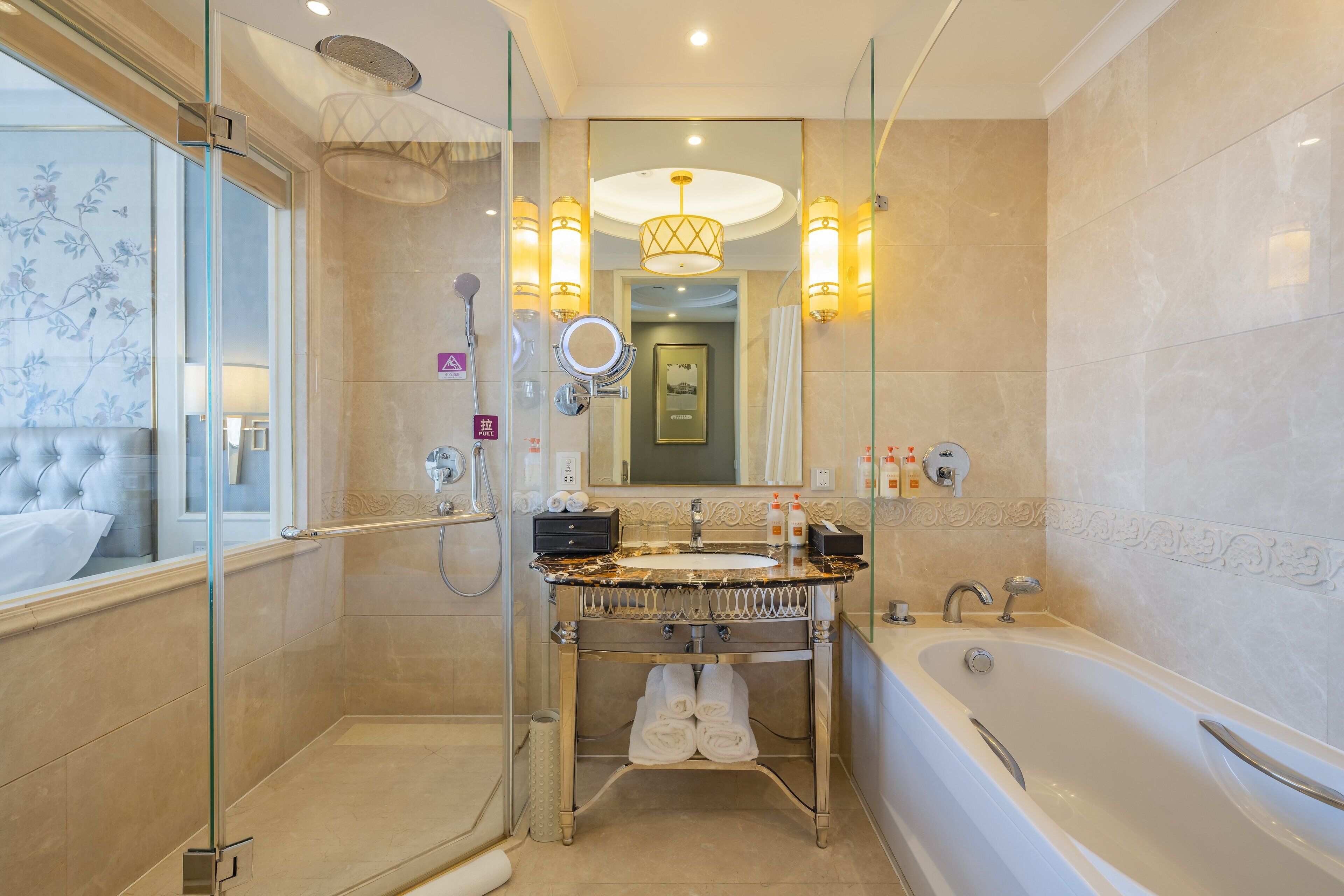 combined shower/bathtub, free toiletries, hair dryer, bathrobes