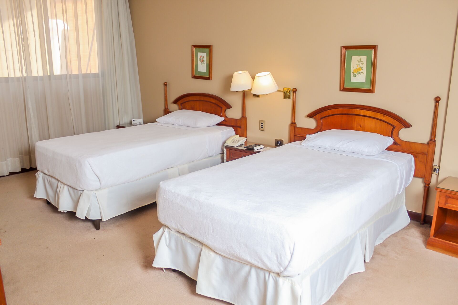Two single beds with wooden headboards, white bedding, a bedside table with a lamp, and a framed picture on the wall.