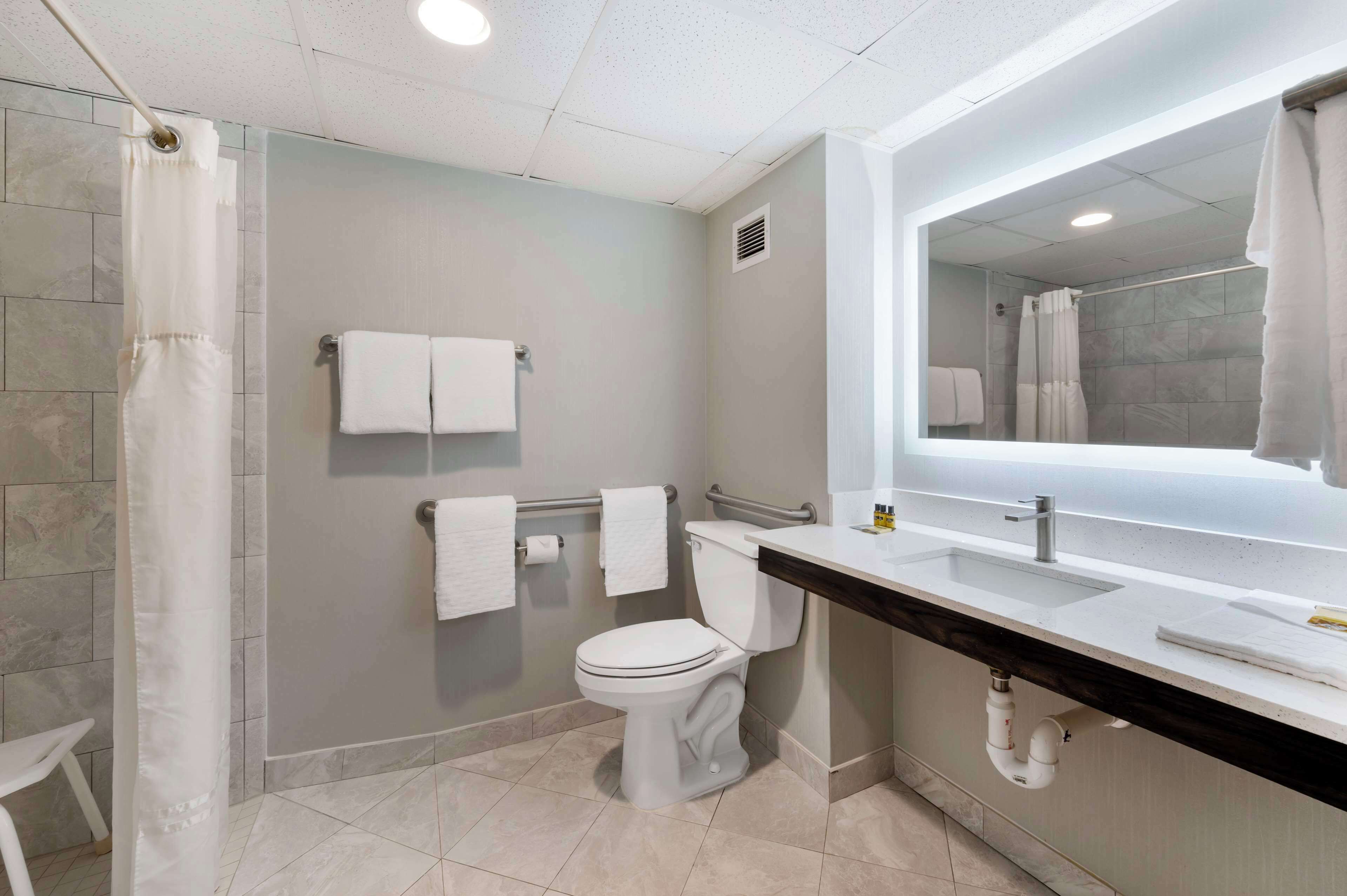 combined shower/bathtub, free toiletries, hair dryer, towels