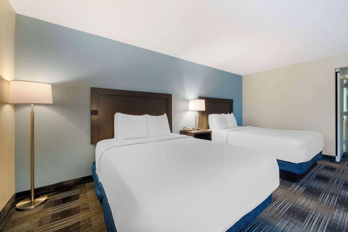 Een hotelkamer met twee bedden, een nachtkastje met een lamp en een tapijtvloer.