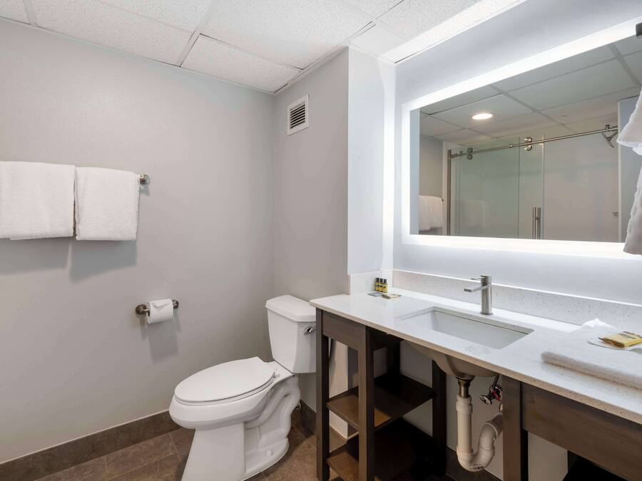 A modern bathroom with a toilet, sink, and mirror.