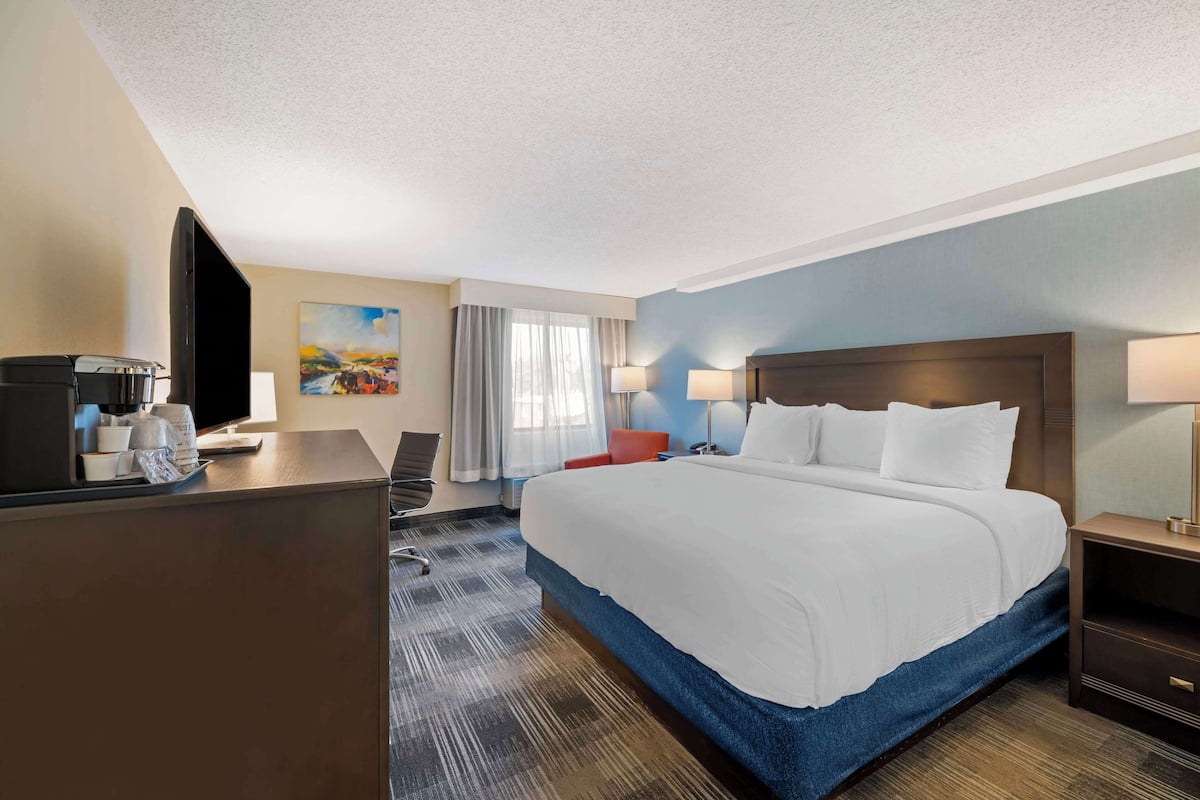 Premium bedding, desk, laptop workspace, blackout drapes