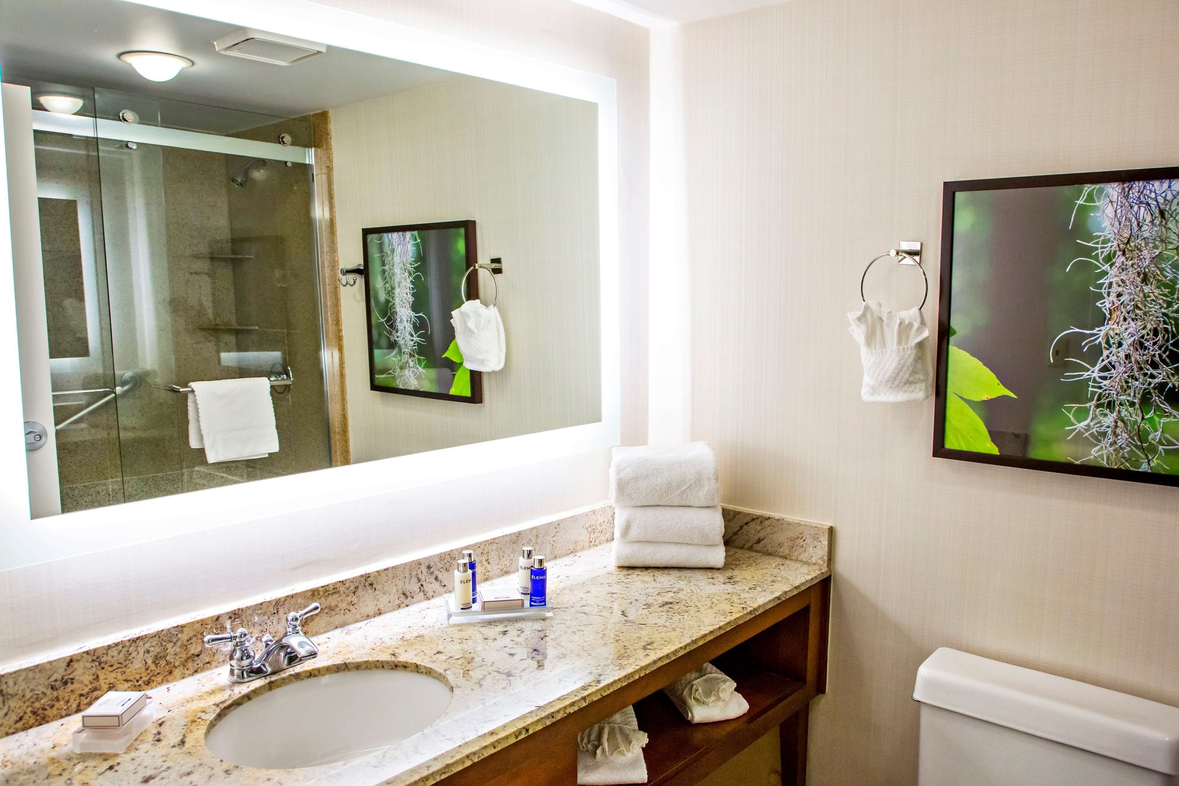 A bathroom with a large mirror, a sink with a marble countertop, and a toilet.