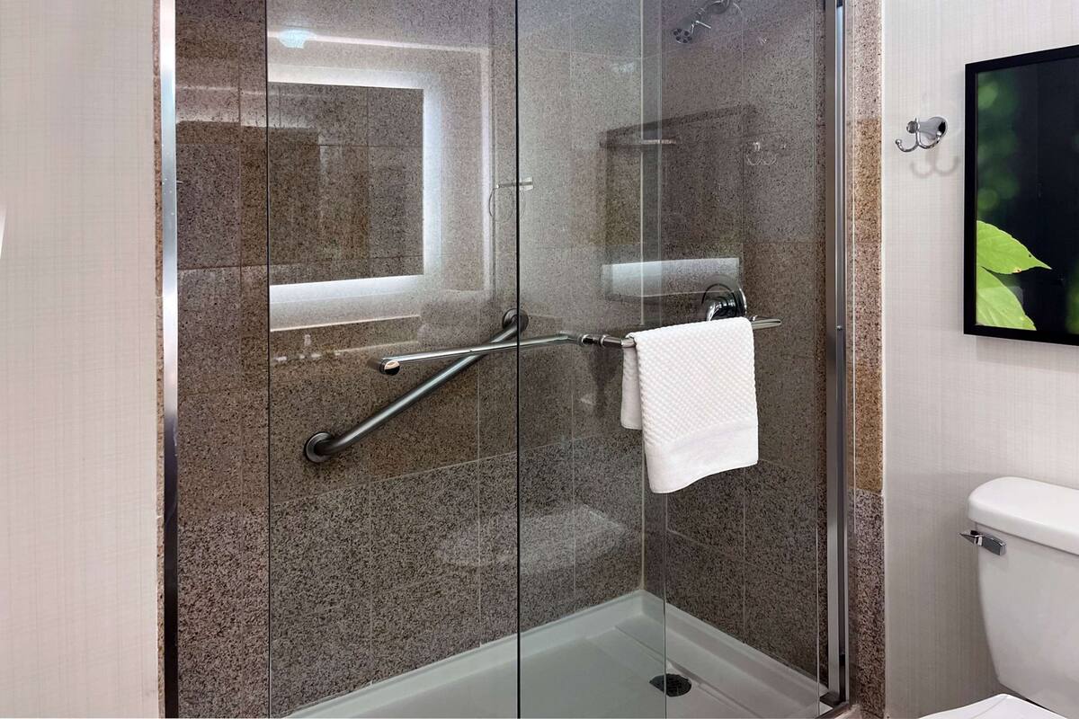A modern bathroom with a glass-enclosed shower, a toilet, and a towel rack.