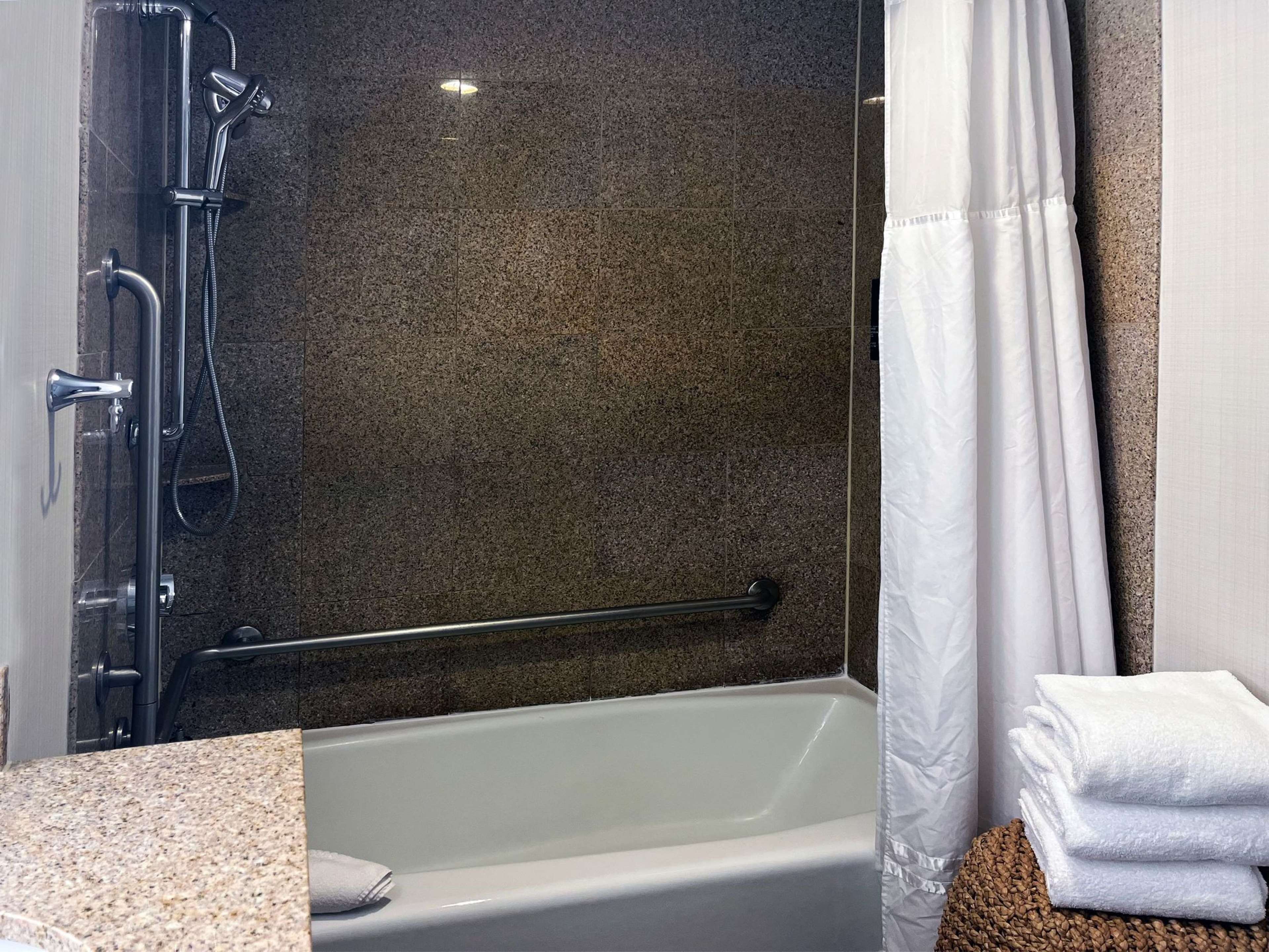 room, 2 queen beds, accessible, bathtub (mobility) | bathroom | combined shower/bathtub, hair dryer, towels, soap
