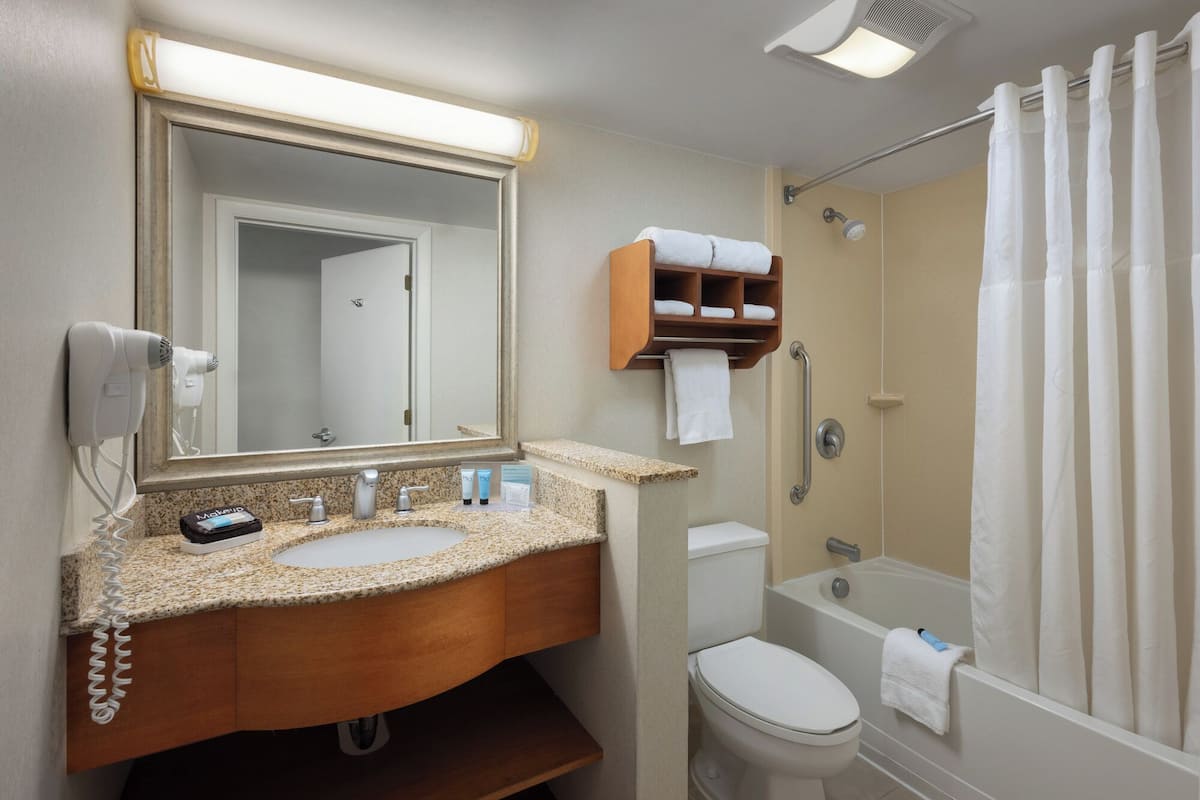 eco-friendly toiletries, hair dryer, towels