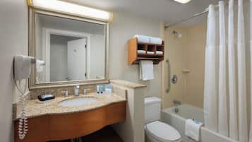 Eco-friendly toiletries, hair dryer, towels