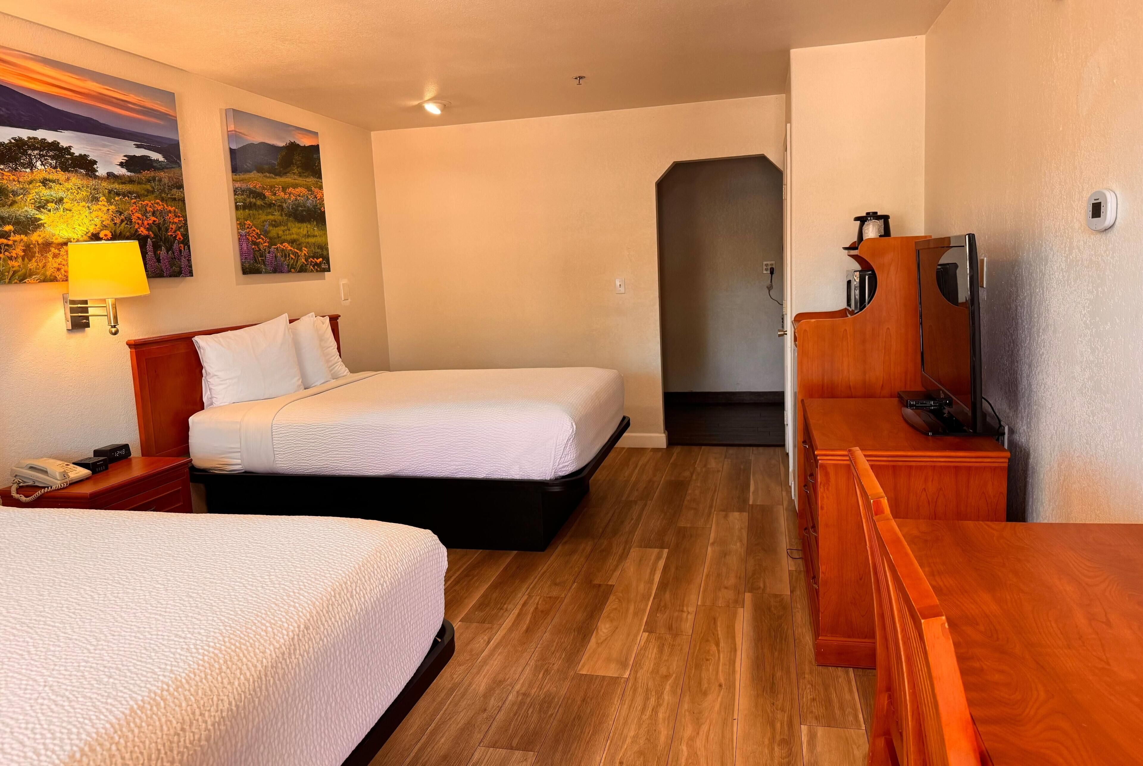 Standard Room, 2 Queen Beds | Desk, laptop workspace, blackout drapes, iron/ironing board