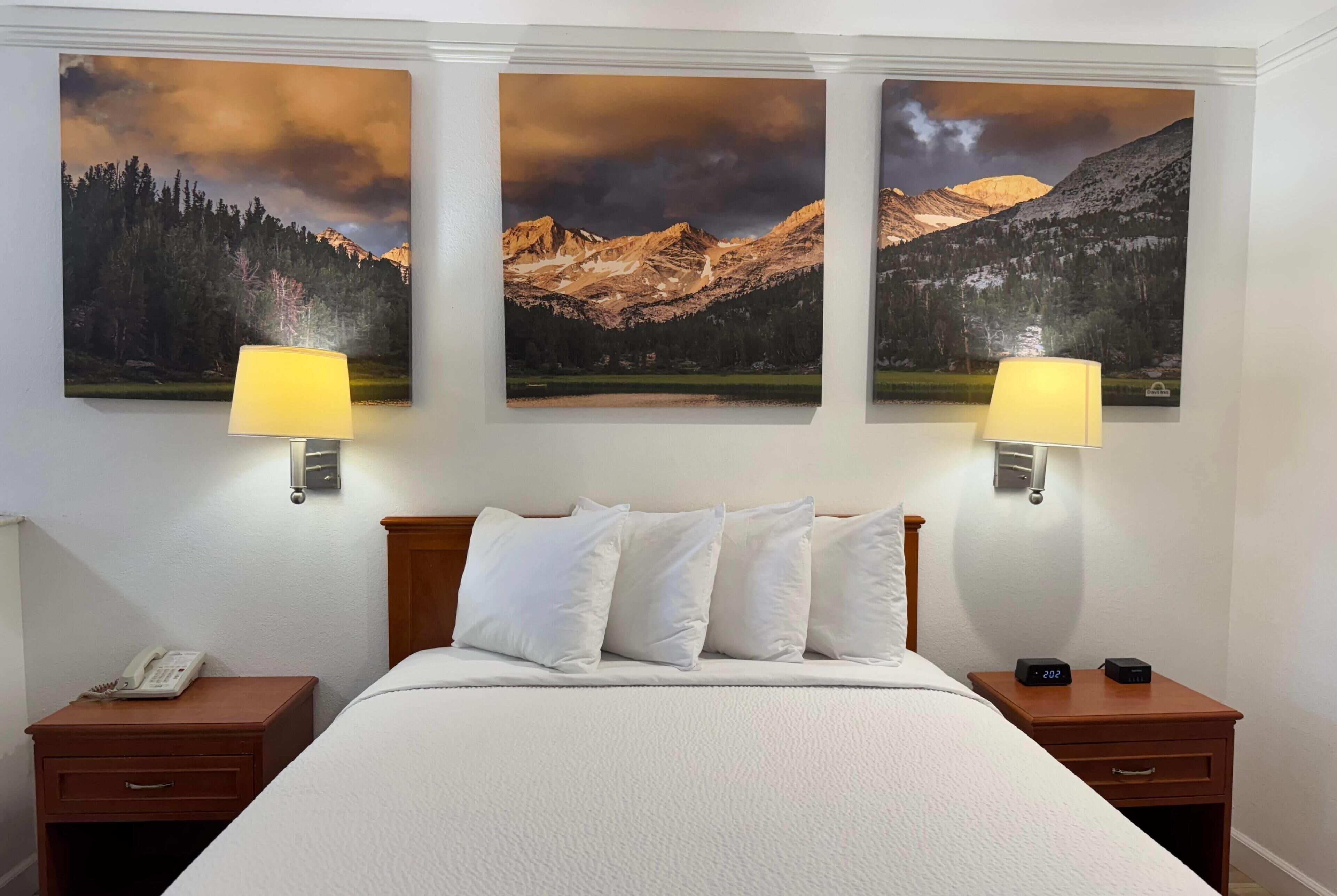 Desk, laptop workspace, blackout drapes, iron/ironing board