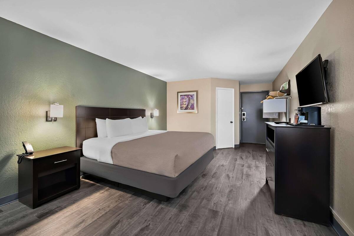 Habitación de hotel con cama, mesita de noche, lámpara, obra de arte, televisión y cafetera.