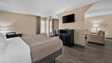 Premium bedding, down comforters, desk, laptop workspace