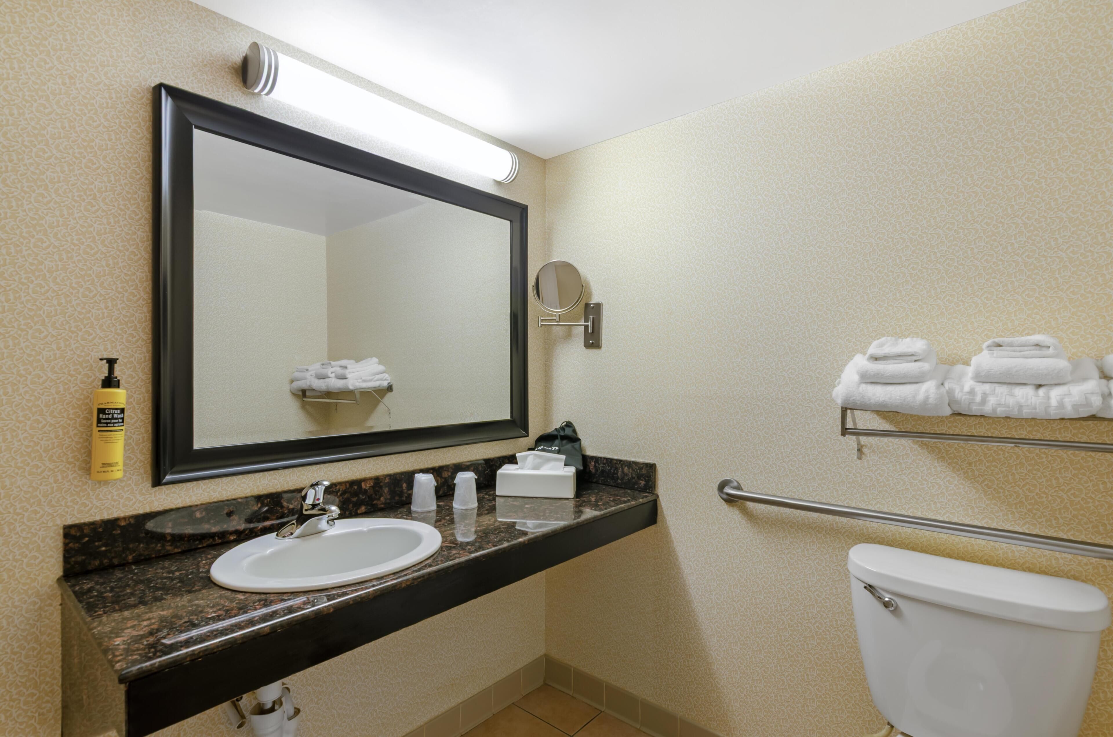 Un baño con lavamanos, espejo, toallero y retrete.
