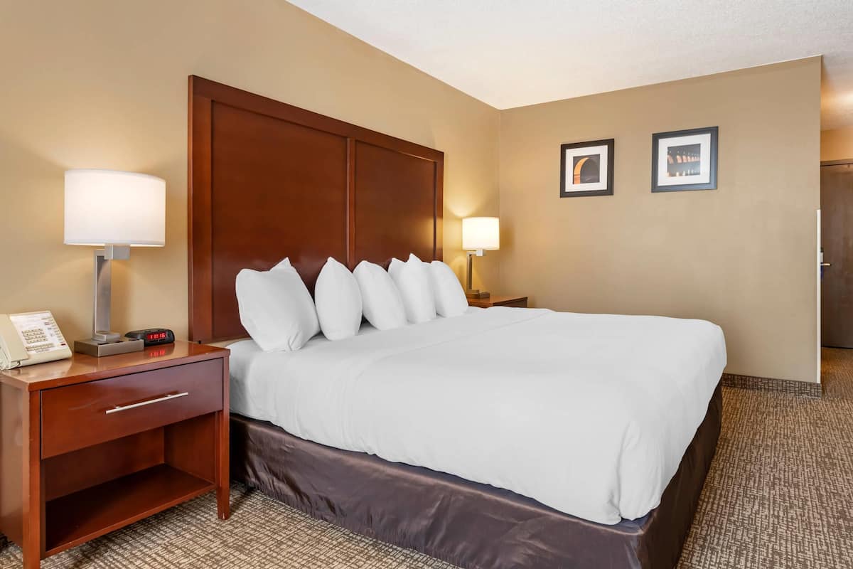 A hotel room with a large bed, a wooden nightstand with a lamp, a phone, and a digital clock. There are two framed pictures on the wall.