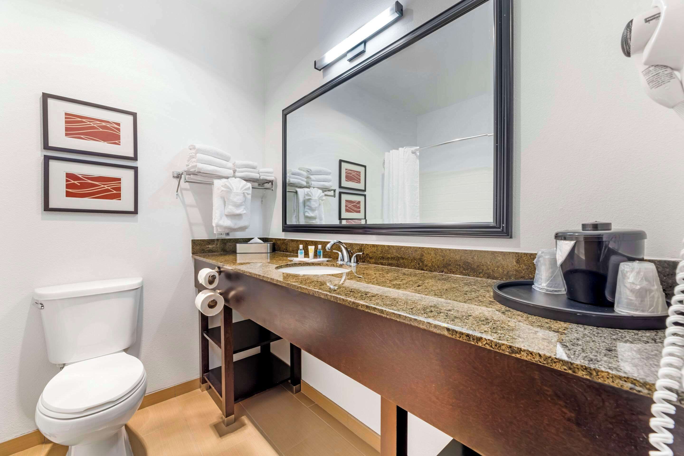 A modern bathroom with a toilet, sink, and large mirror.