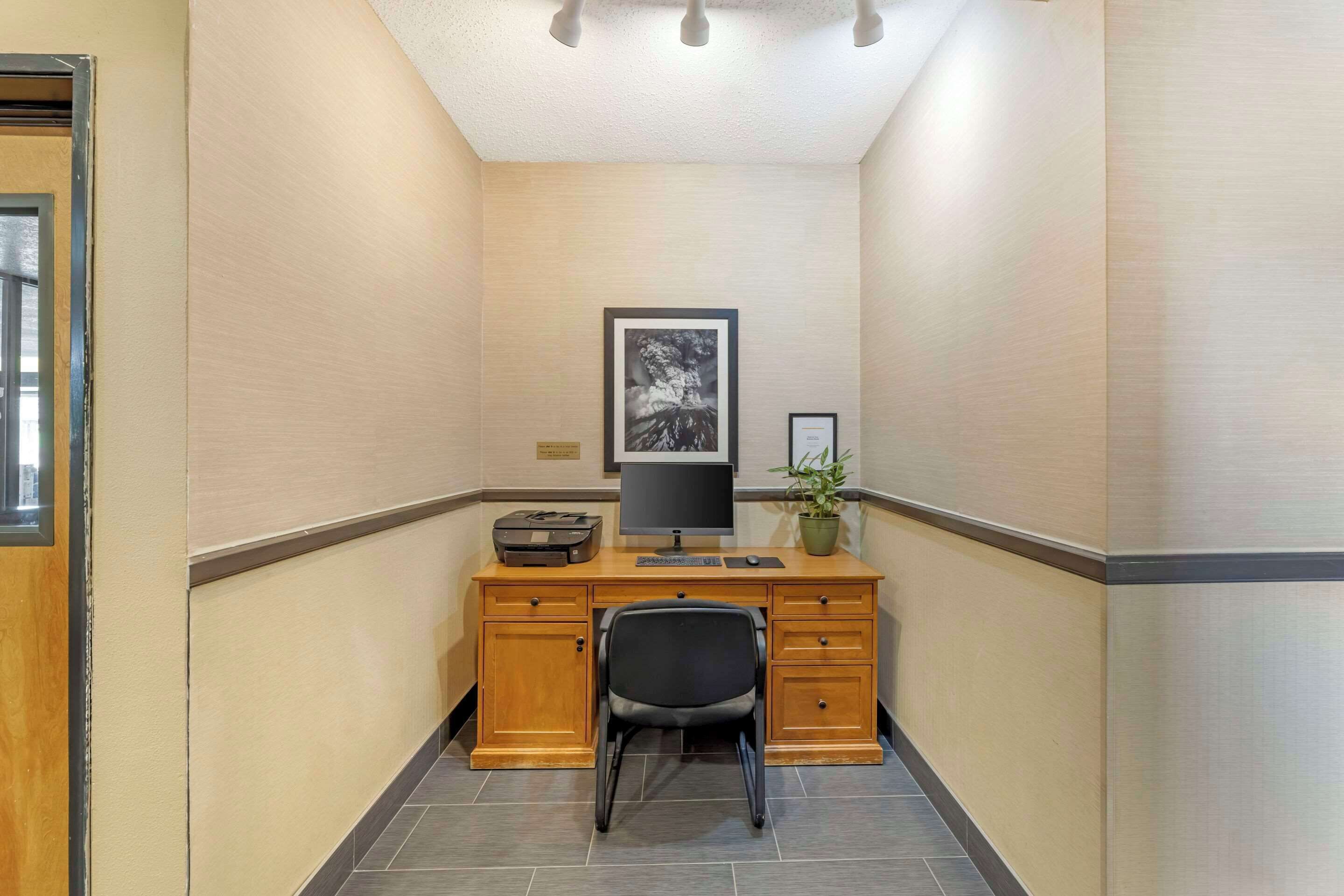 A hallway with a wooden desk, a computer, a chair, a framed picture on the wall, and a potted plant.