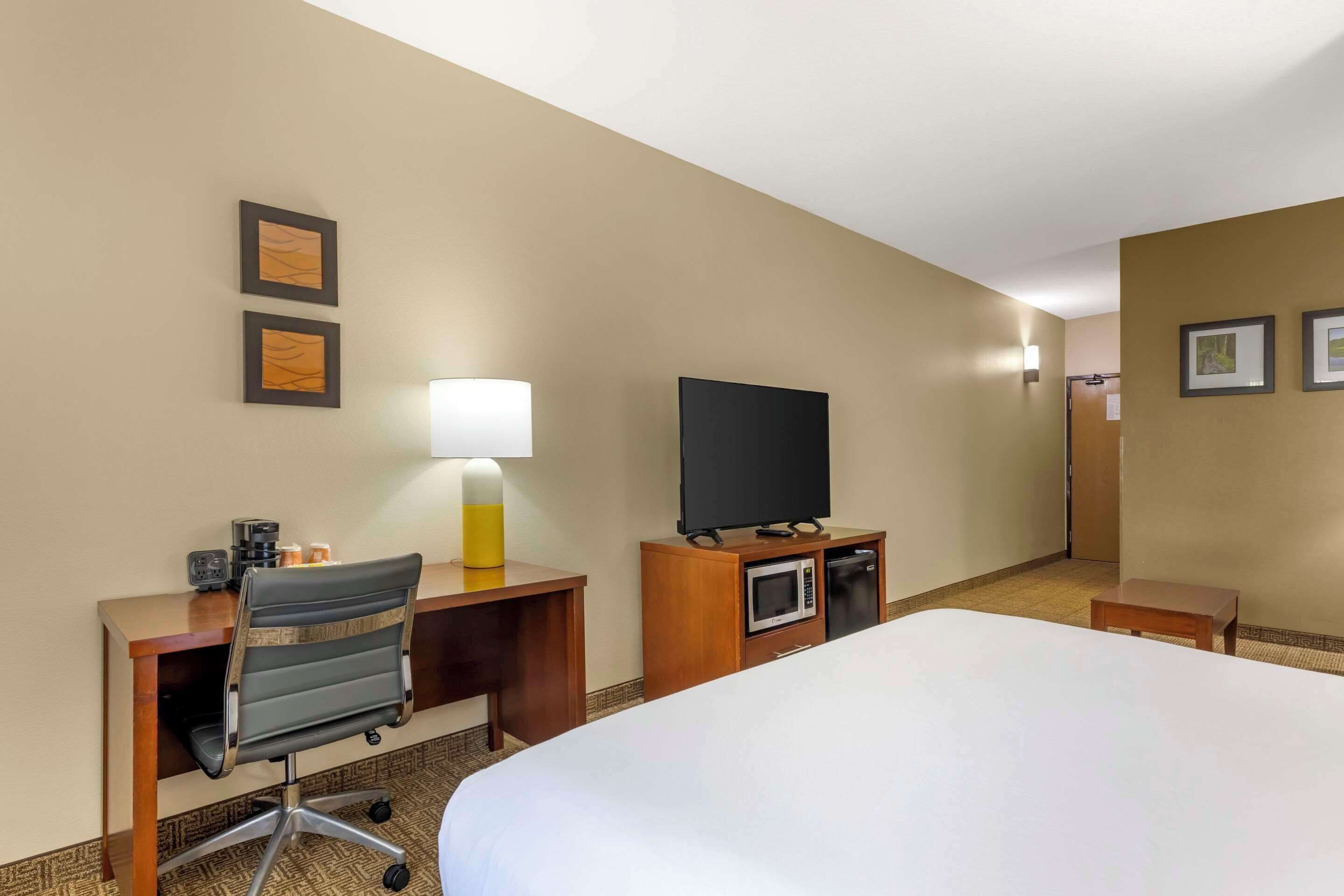 A hotel room with a bed, desk, chair, television, microwave, and lamp.