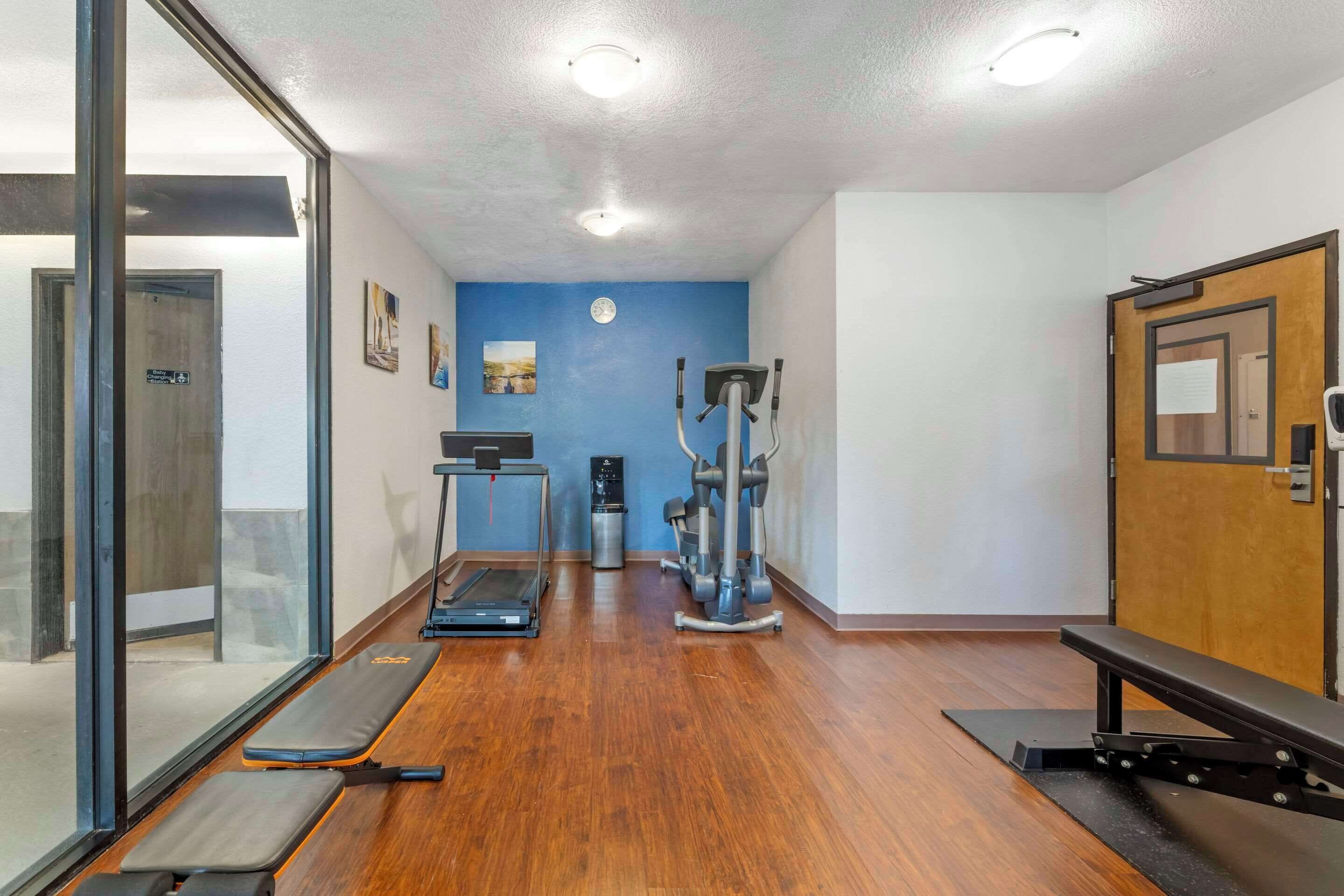 A gym with exercise equipment, a treadmill, and a bench.
