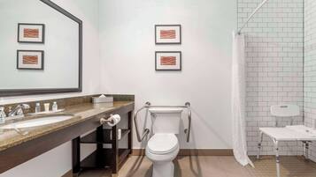 Un bagno moderno con servizi igienici, lavandino e doccia.
