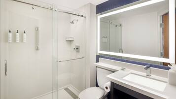 Hair dryer, towels, soap, shampoo
