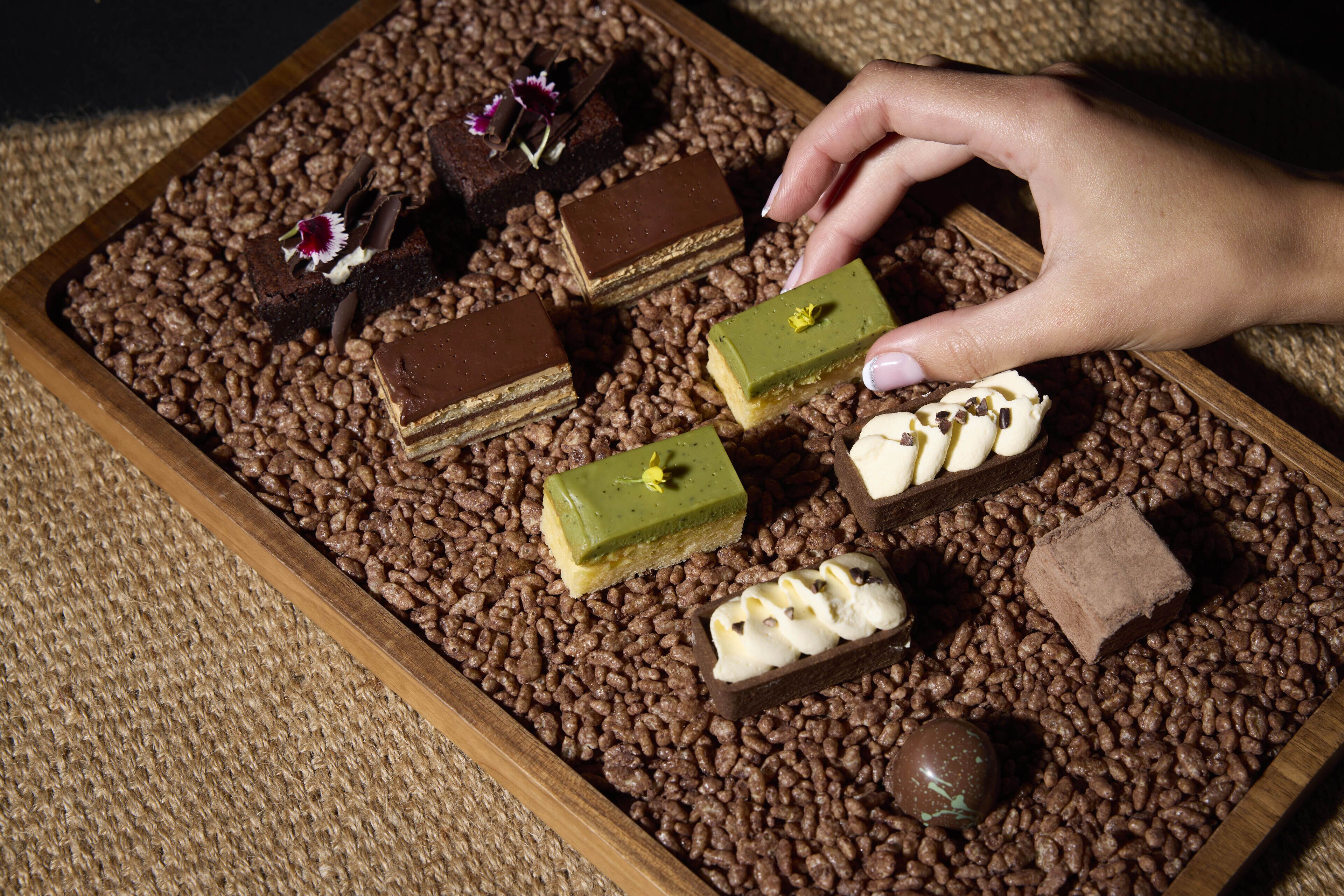 Un plateau rempli d’un assortiment de chocolats et de desserts, disposés sur un lit de grains de café.