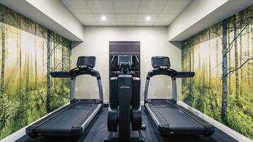 A gym with two treadmills and a stationary bike, surrounded by forest-themed murals.