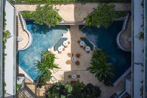 Outdoor pool, pool umbrellas, pool loungers