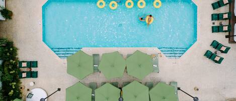 Outdoor pool, pool umbrellas, pool loungers