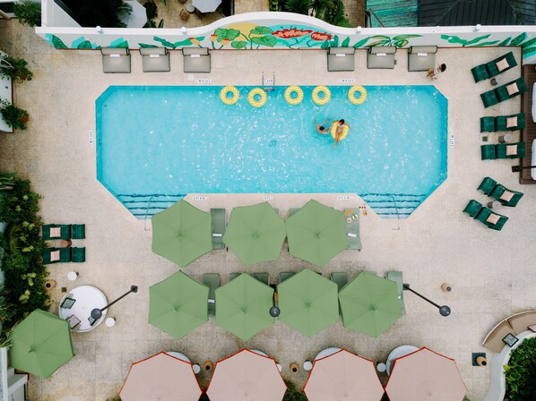 Outdoor pool, pool umbrellas, pool loungers