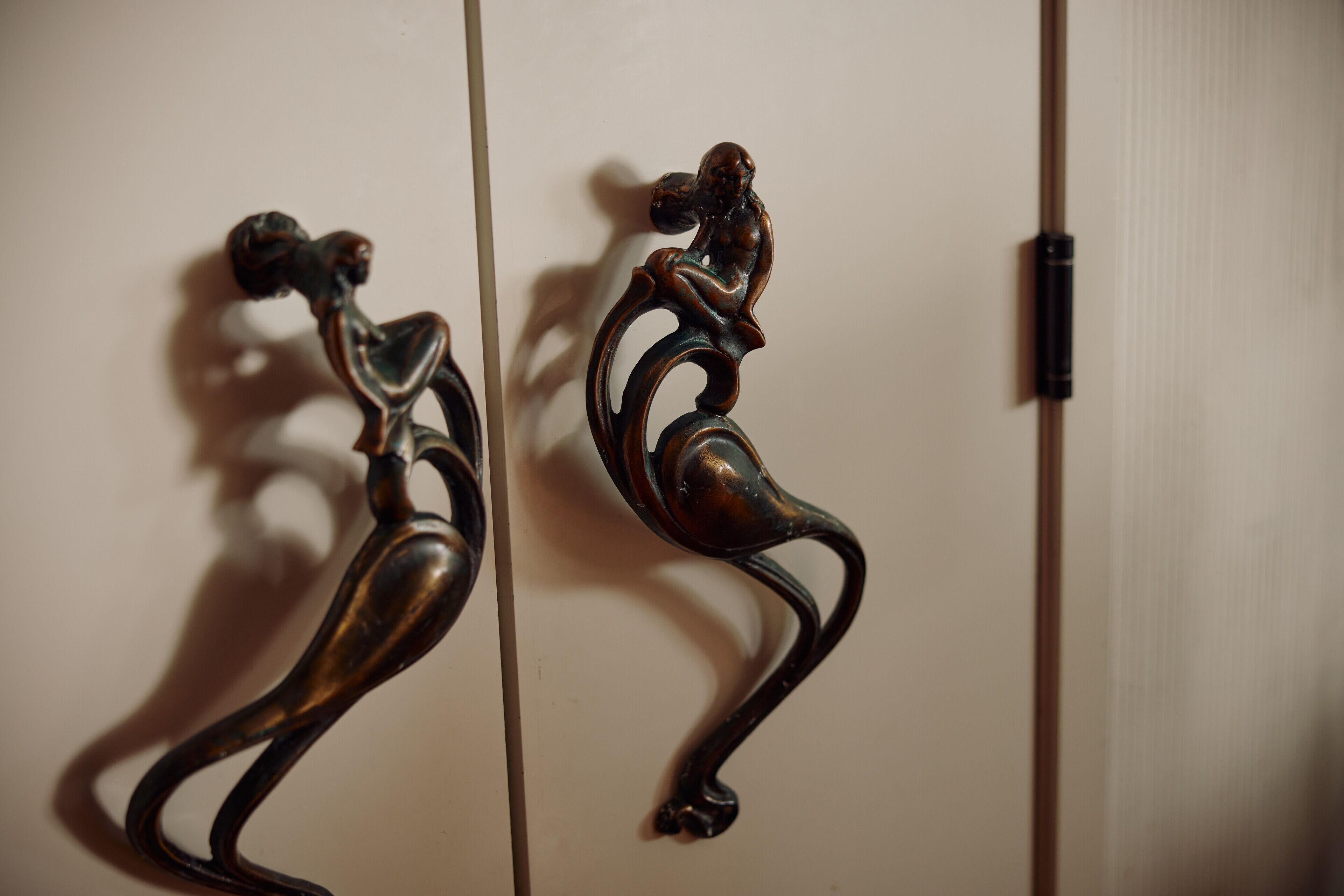 Une porte ornée de deux poignées de porte décoratives, de couleur bronze.