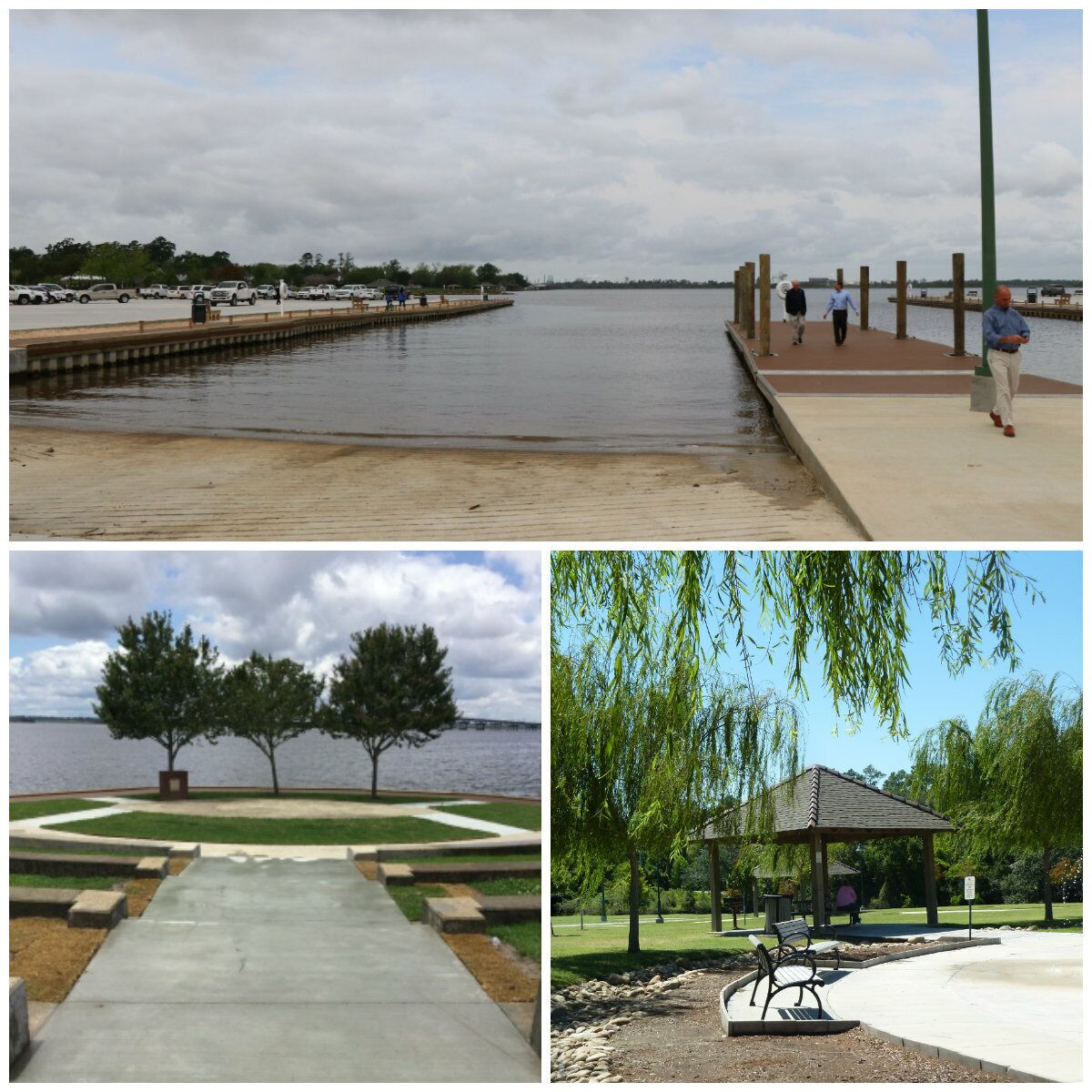 Une promenade en bord de mer avec une jetée en bois, un chemin en béton et un kiosque agrémenté de bancs.
