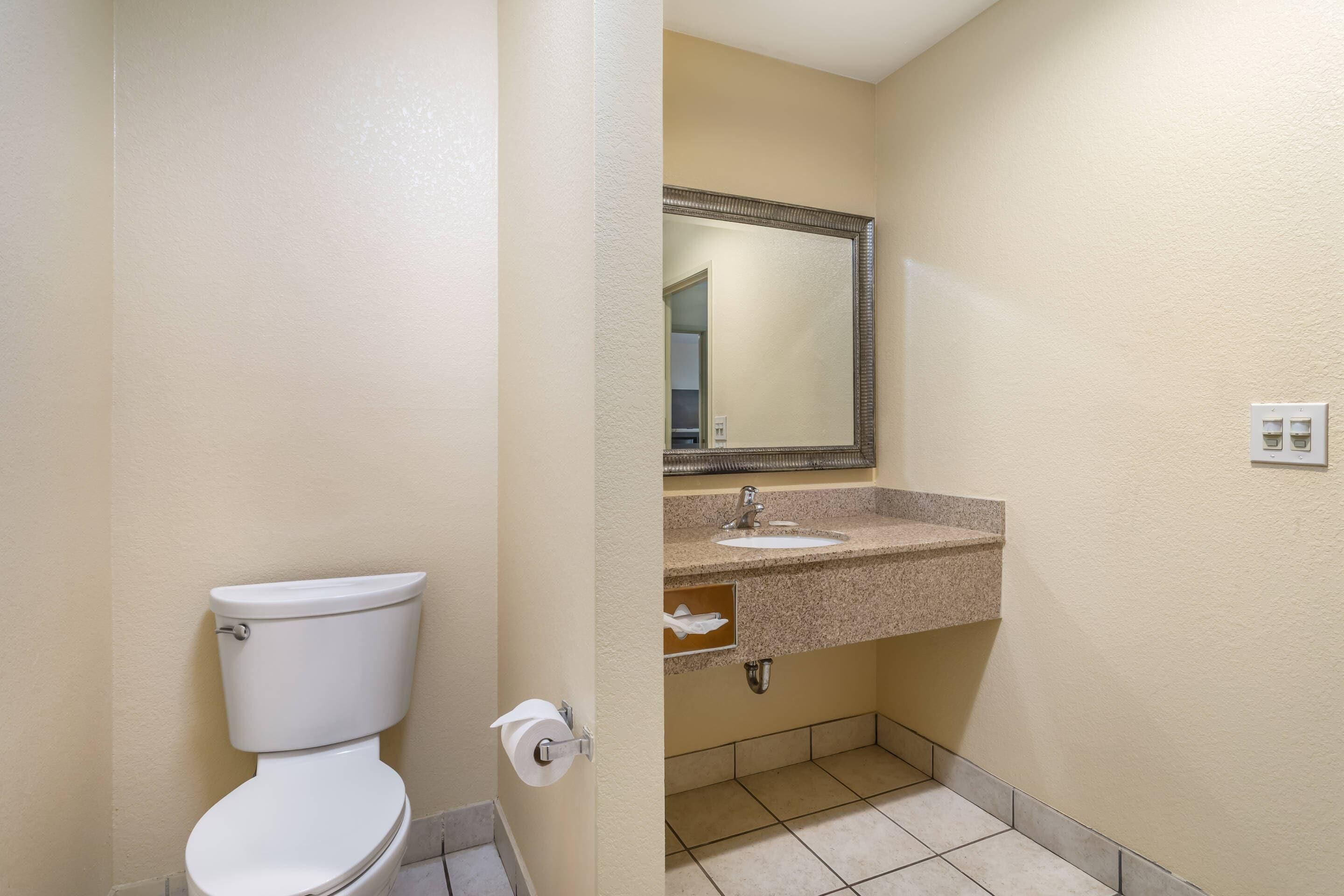 A small bathroom with a toilet, sink, and mirror.
