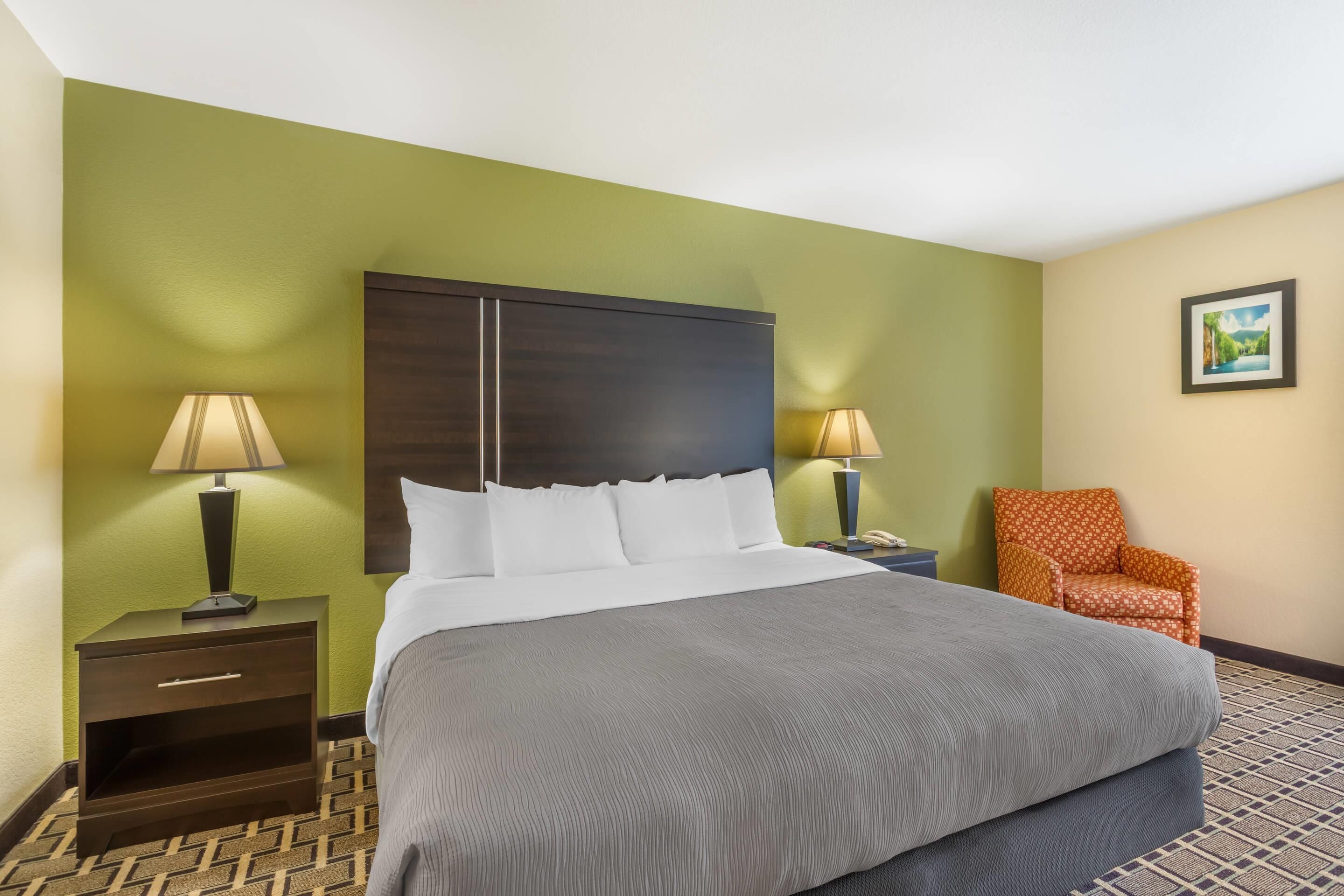 Habitación de hotel con una cama grande, dos mesitas de noche con lámparas, una silla e imagen en la pared.