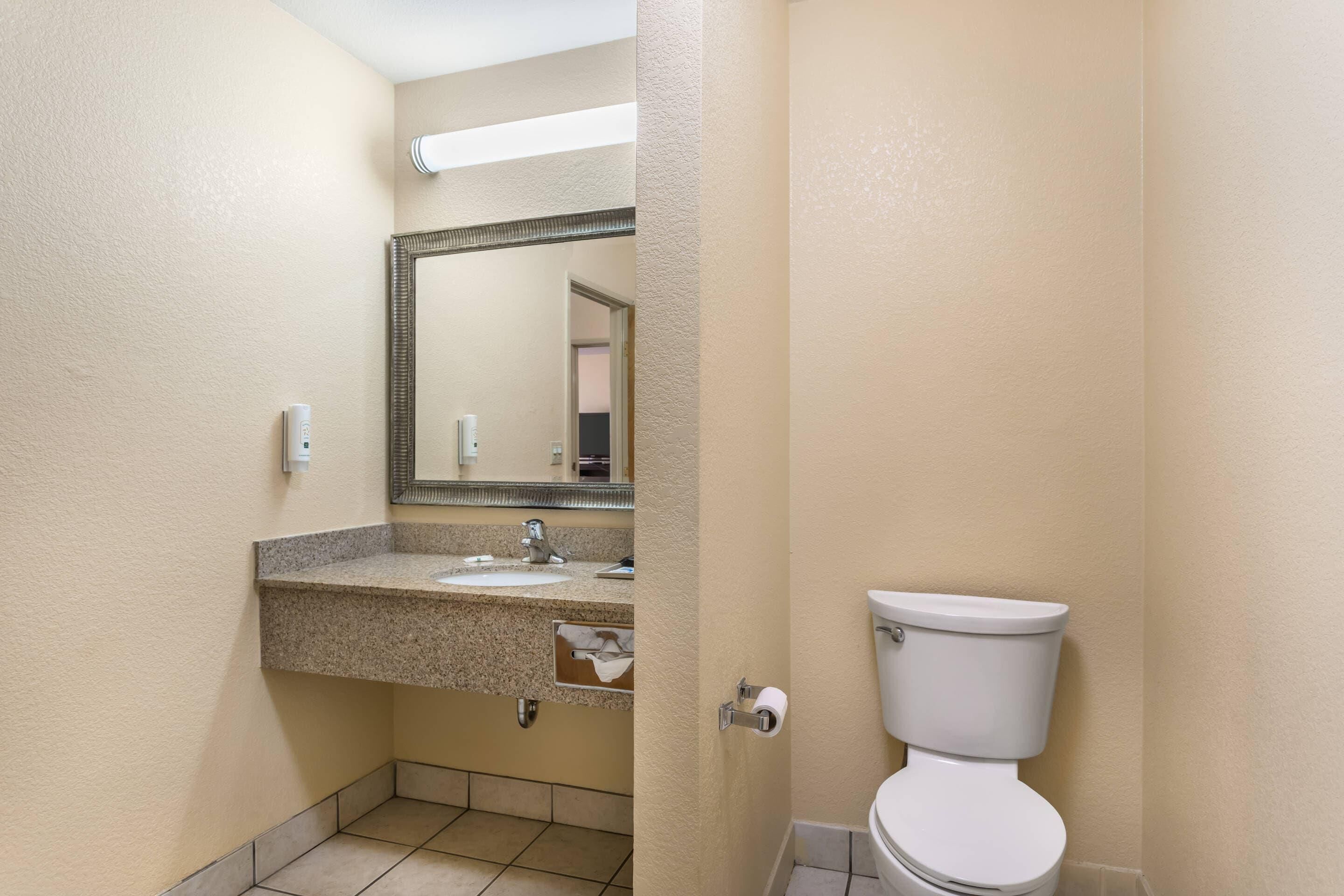 A bathroom with a granite countertop sink, a mirror, and a white toilet.