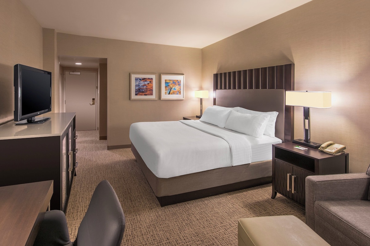 A hotel room with a bed, a TV, a desk, a chair, a couch, and a nightstand with a lamp and phone.