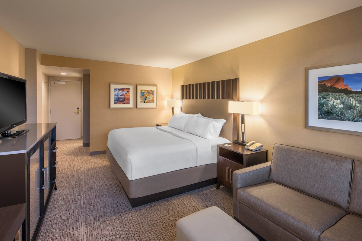 A hotel room with a bed, a TV, a desk, a lamp, a couch, and a painting on the wall.