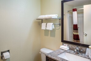 A bathroom with a toilet, sink, towel rack, and a mirror reflecting a shower curtain. - Red Roof Inn Richmond, IN (Richmond)